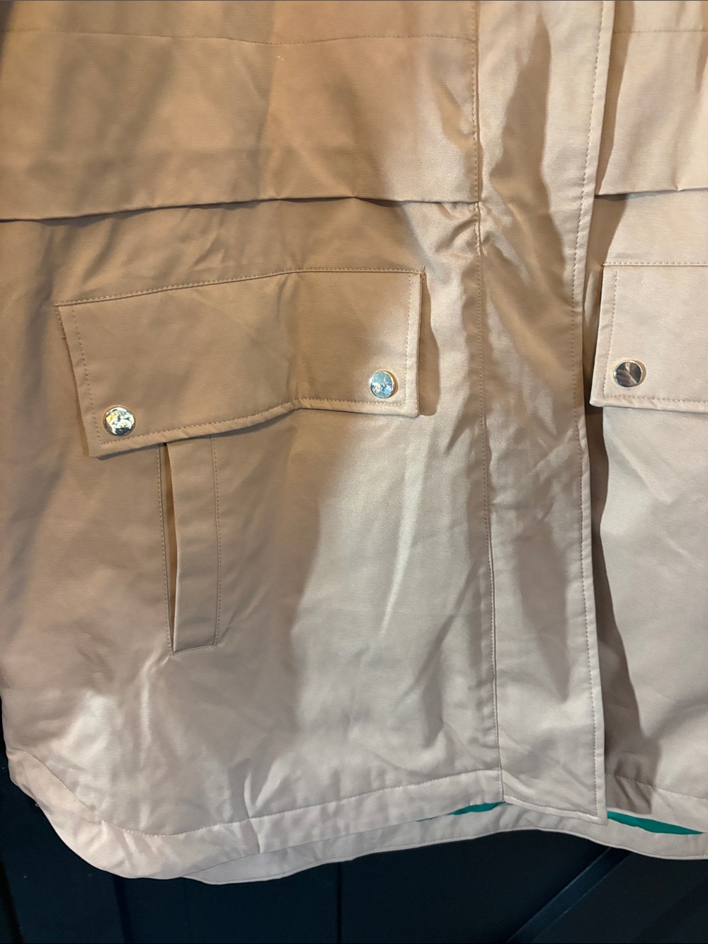 Liz Claiborne Tan Hooded Trench Coat with Teal Trim - Picture 2 of 15